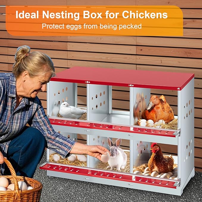 Metal Chicken Nesting Boxes - 6 Hole Wall-Mountable Laying Boxes with Roll-Away Egg Collection, Weatherproof Galvanized Steel, for Chicken Coop, Red