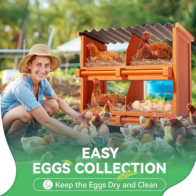 2-Tier Chicken Nesting Box, 4 Compartment Wooden Nesting Box for Chickens with Waterproof Roof, Non-Slip Stable Base, Heavy Duty Chicken Laying Boxes for Hens, Duck, Poultry, Bird, Orange