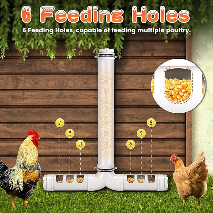 PVC Chicken Feeder No Waste 13lbs Automatic Poultry Chicken Coop Feeder 6 Feeding Port Gravity Poultry Feeding Trough for Ducks Turkeys Geese Quails Pigeon