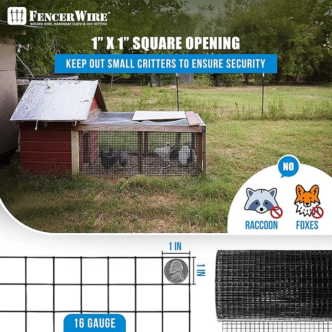 Fencer Wire 16 Gauge Black Vinyl Coated Welded Wire Mesh Size 1 inch by 1 inch for Home and Garden Fence and Pet Enclosures Protect Chickens Rabbits and Farmed Animals (e) 5 ft. x 50 ft.