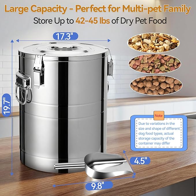 Newget 45 Lbs Stainless Steel Dog Food Storage Container, Large Airtight Pet Food Storage Bin with Lid to Keep Fresh, Metal Container with Scoop for Dog, Cat, Bird Seed, Rice, Grain & Kitchen Pantry