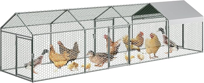 Metal Chicken Coop with Cover, Walk in Chicken Runs for Outdoor Backyard, Poultry Cage with Security Lock & Anti-UV Cover for Rabbit Duck Goose, Silver,160" L x 40'Wx 40" H