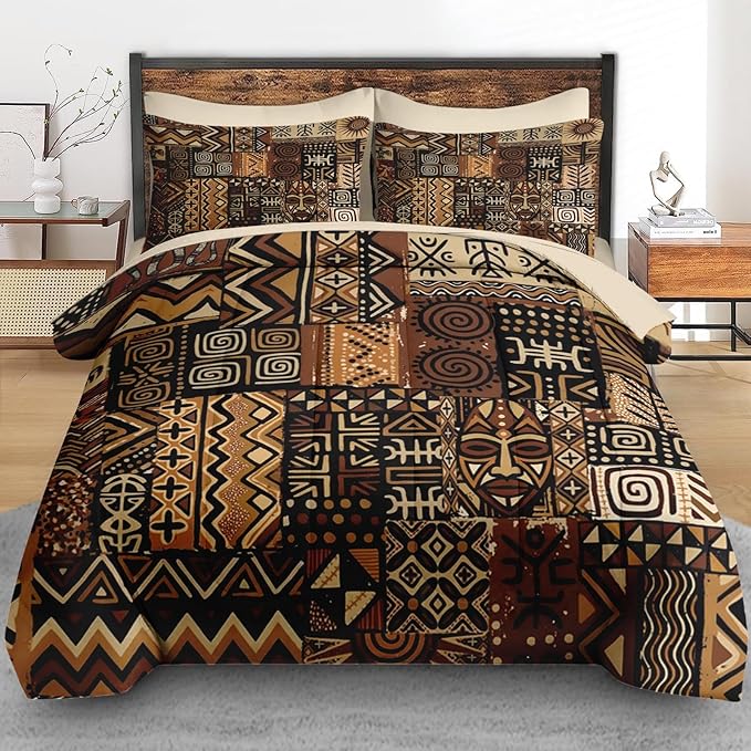 Comforter Set Full Size, African Retro Floral 7 Pcs Bedding for Kids and Adults, Tribal Patchwork Abstract Bed Sheet Sets with Fitted Sheet 2 Pillowcases & 2 Shams for Bedroom Bed Decor