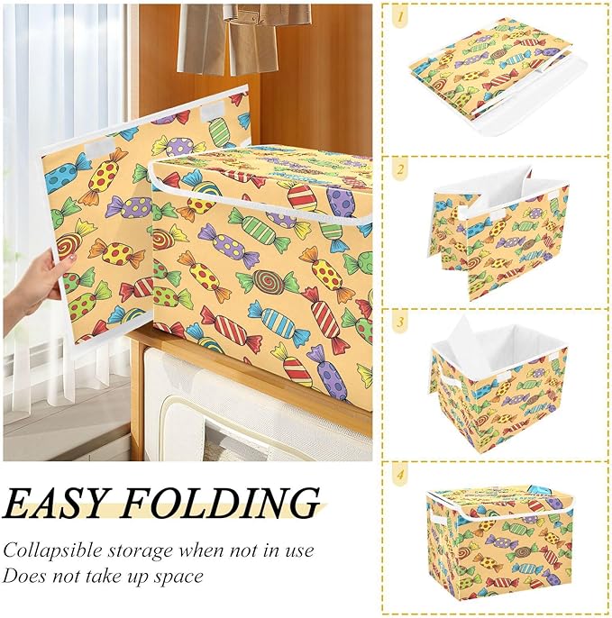 Colorful Candy Pattern Storage Bins with Lids Foldable Storage Basket with Handles Collapsible Large Fabric Organizer Containers for Clothes Shelves Closet Office Home