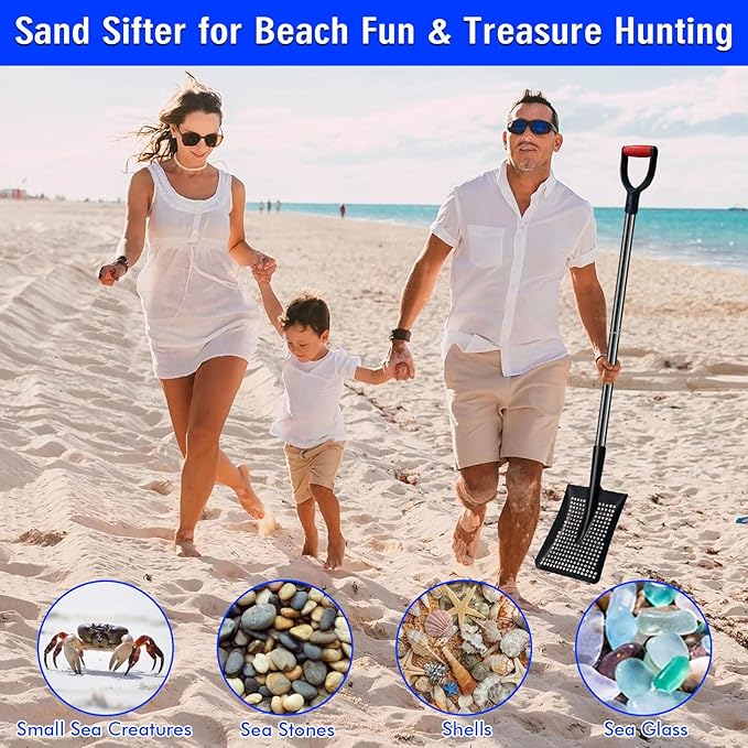 Sifting Shovel, Heavy Duty Metal Sand Sifter for The Beach, 53.5" Long Sand Sifter Shovel for Beach Fun, Chicken Coop, Farm Goat Stall Sand Poop Cleaning, with Ergonomic D-Grip Handle (Black)