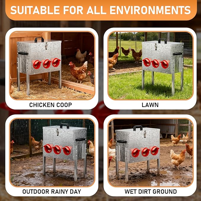 Outvita 40 lb Metal Chicken Feeder with 6 No-Waste Ports, Heavy-Duty Outdoor Chicken Feeder Box with Locking Lid & Handle for Chickens Duck Bantams Pheasants Poultry Backyard Chicken Coop