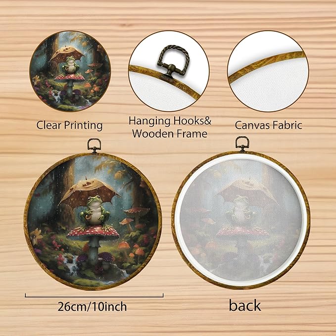Hiuwevt Vintage Moody Forest Frog Round Wall Art Decor, Dark Academia Mushroom Framed Canvas Prints, Cottagecore Nature Round Wall Hanging Decor for Home Living Room Decorations, 10x10 Inches