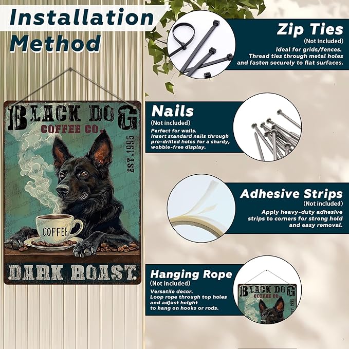 Vintage Black German Shepherd Dog Metal Sign Black German Shepherd Dog Coffee Novelty Metal Poster Home Cafe Kitchen & Bar Bathroom Aluminium Sign Art Wall Decor 16x12 Inch