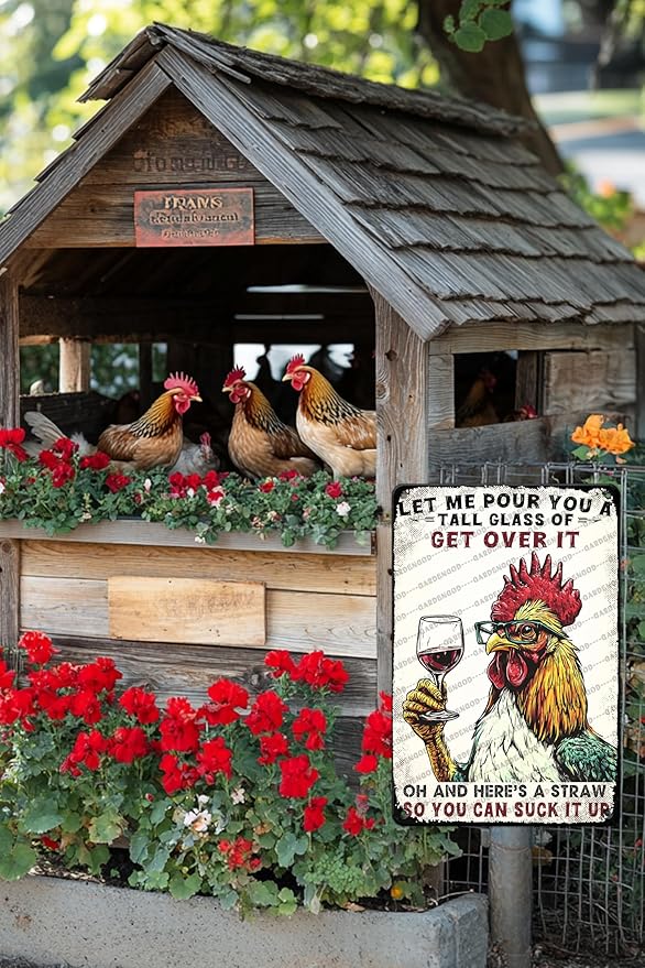 Chicken Sign Metal Tin Sign Funny Chicken Coop Wall Decor Let Me Pour You A Tall Glass Of Get Over It Chicken Decor Sign For Home Cafe Bar Cave Farm Wall Art Decor 16x12 Inch