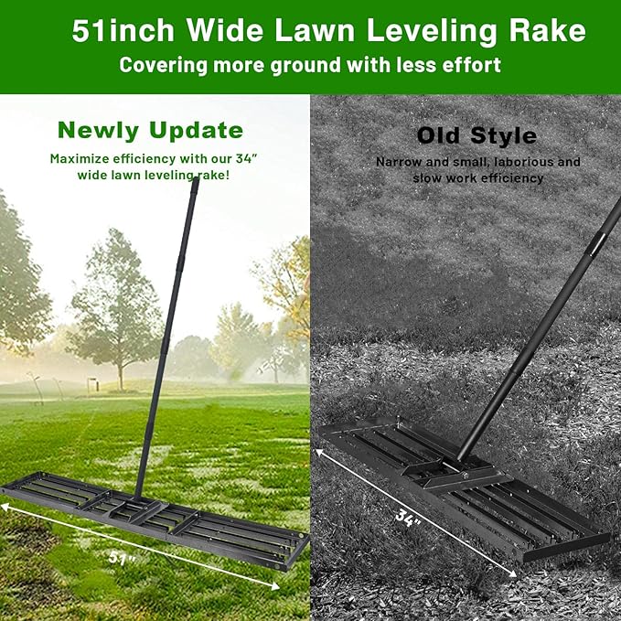 Lawn Leveling Rake 51"x10",Lawn Leveling Tool with 68" Long Adjustable Stainless Steel Handle for Leveling Soil,Grass,Sand or Dirt,Heavy Duty Lawn Leveler for Backyard,Garden,Golf Course,Farm,Pasture