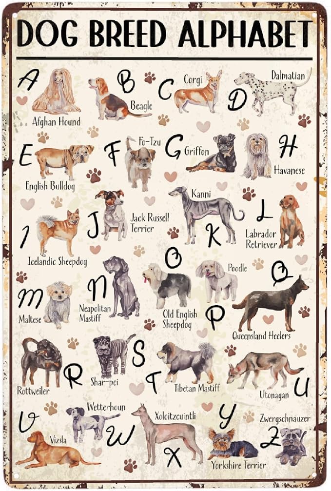 JOCASA Dog Breed Alphabet Vintage Metal Poster Sign Decor-Retro Aluminum Metal Tin Sign for Home Wall Decor, Garden, Bedroom, Signs Gift,12''x 8''