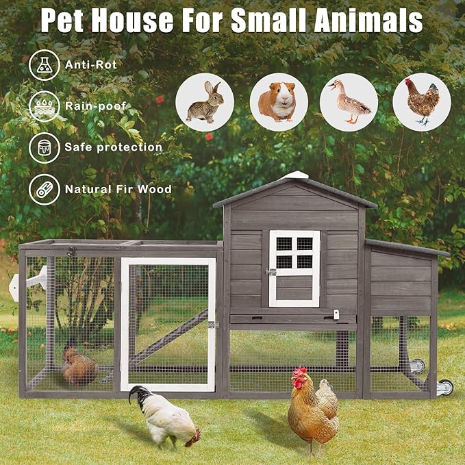 Chicken Coop Solid Wood with Large Run Cage 2 Stories - Asphalt Roof, Nest Box, Pu Wheels, Expandable Solid Wood Cage