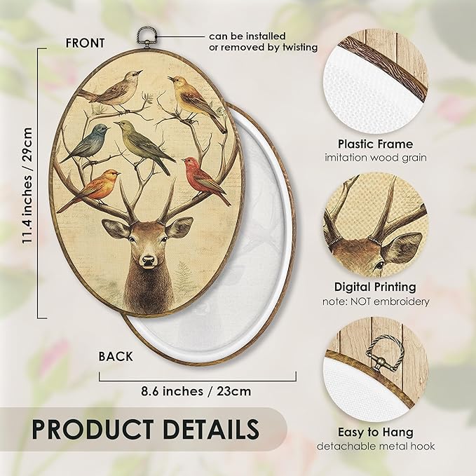 Fewgb Vintage Deer Antlers Birds Oval Wall Art Decor Framed, Reindeer Hunting Canvas Wall Art Prints Picture, Rustic Farmhouse Cottagecore Hanging Room Decor Artwork for Gallery Bedroom 9x12
