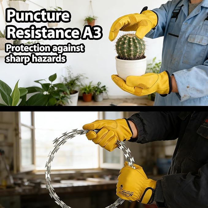 Schwer ANSI A9 Cut Resistant Leather Work Gloves, PM3401 Cut Proof Gloves, Reinforced Fingertips & Palm Cowhide Work Gloves for Construction, Welding, Metalwork, Woodwork & Outdoor Gardening Work, S