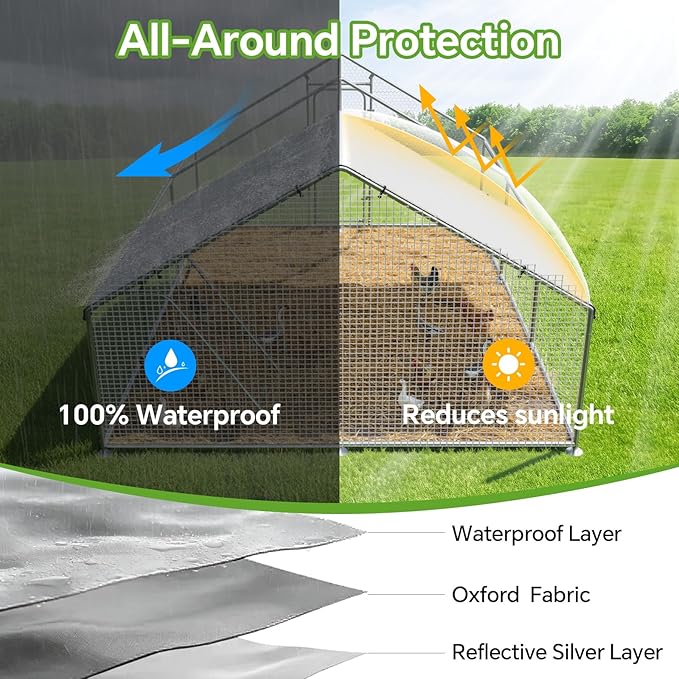 Large Metal Chicken Coop Run with Roosting Perch, Outdoor Poultry Cage with Heavy Duty Wire Mesh and UV-Resistant Cover for Chickens Use, Spire Roof (8.9'W x11.8'L x 6.6'H)
