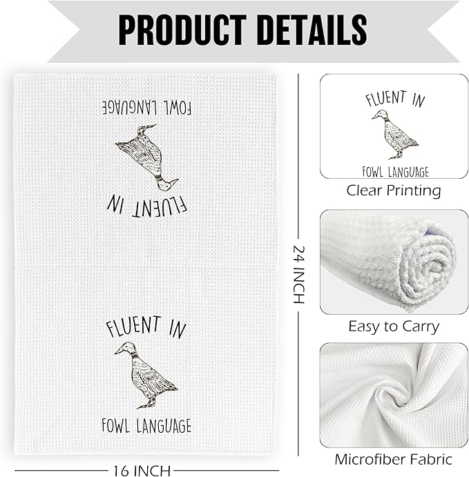 Funny Duck Kitchen Dish Towels 16x24 Inch, Rustic Crazy Duck Gifts for Duck Lover Duck Mom, Fluent in Fowl Language Decorative Hand Towels Tea Towels for Farmhouse Home