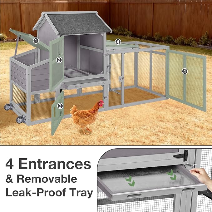 Mobile Chicken Coop for 2-4 Chickens – Weather-Resistant Wooden Hen House with Wheels, Nesting Box, Leakproof Tray & UV-Protected Roof