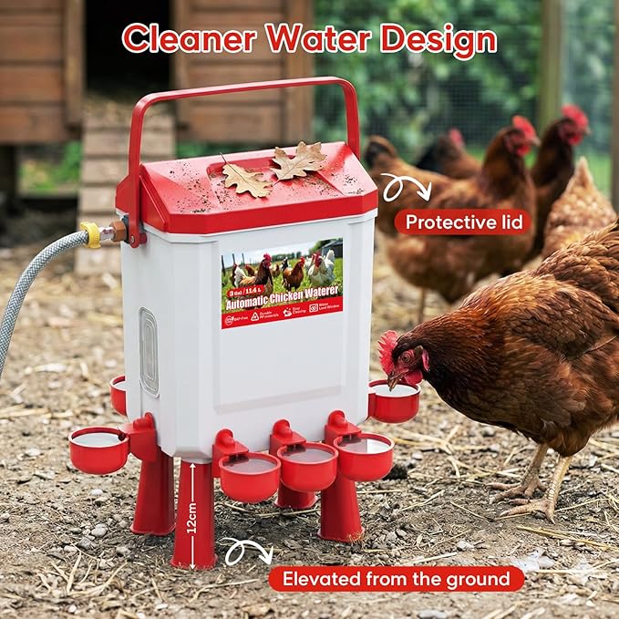 Automatic Chicken Waterer, 10L Poultry Watering System with Visible Water Level Window, Auto Refill Hose and Float Valve, Chicken Water Feeder with Cups or Nipples for Backyard Chickens