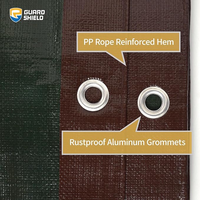 GUARD SHIELD Brown/Green Tarps Heavy Duty Plus+ Waterproof 10x12 Feet, 12mil Large Tarp with Reinforced Grommets, Outdoor Cover for Roof, Car, Boat, Truck and Ground Pool