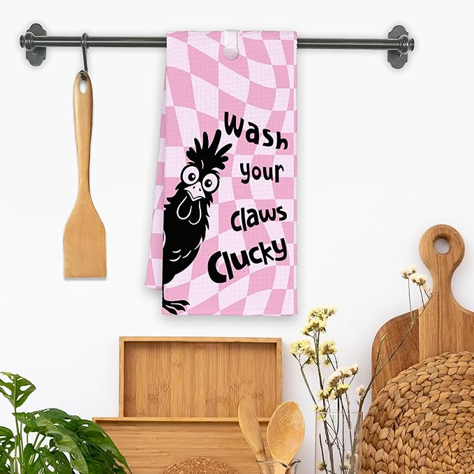 Pink Funny Chicken Rooster Bathroom Kitchen Towels, Wash Your Claws Hand Towel for Girly Room, Farmhouse Cock Gifts for Farmer, Trendy Preppy Checkered Dish Towels Decor for Dorm Home 16x24in