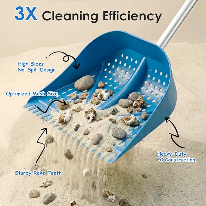 Chicken Poop Scooper & Rake 2-in-1, Adjustable Handle Length from 38" to 66", Features Manure Sifting Capability – Ideal for Chicken Coops and Farm Animal Cleaning (Blue)