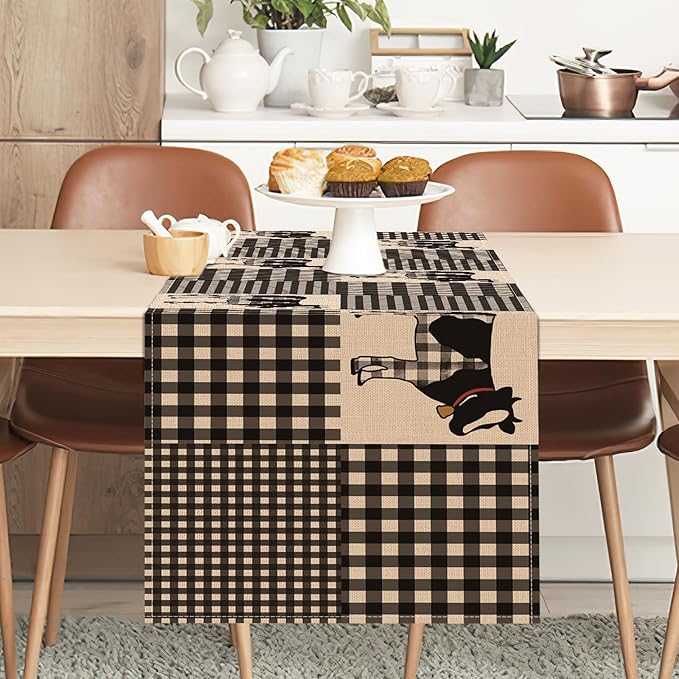 Seliem Buffalo Plaid Check Cow Table Runner, Farm Animals Kitchen Dining Table Decor, Farmhouse Burlap Home Decoration Indoor Outdoor Party Supply 13 x 72 Inches