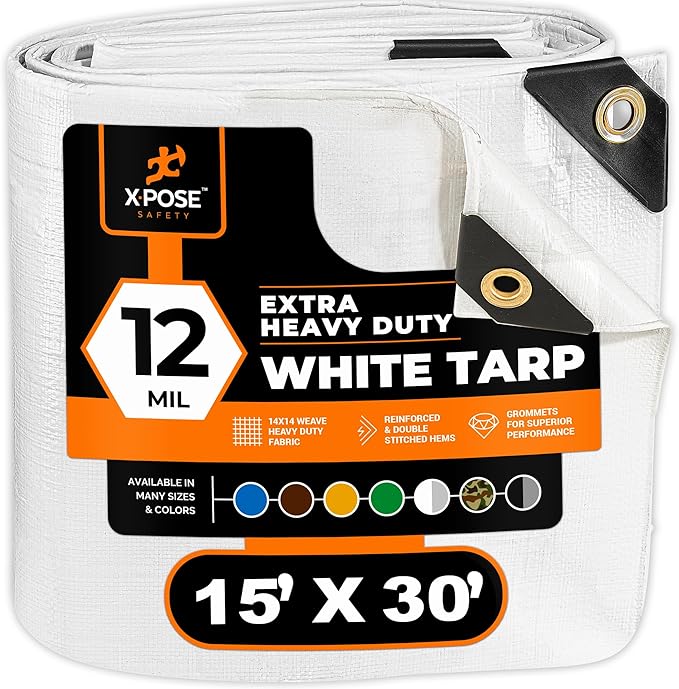 Heavy Duty White Poly Tarp 15' X 30' - Multipurpose Protective Cover - Durable, Waterproof, Weather Proof, Rip and Tear Resistant - Extra Thick 12 Mil Polyethylene - by Xpose Safety
