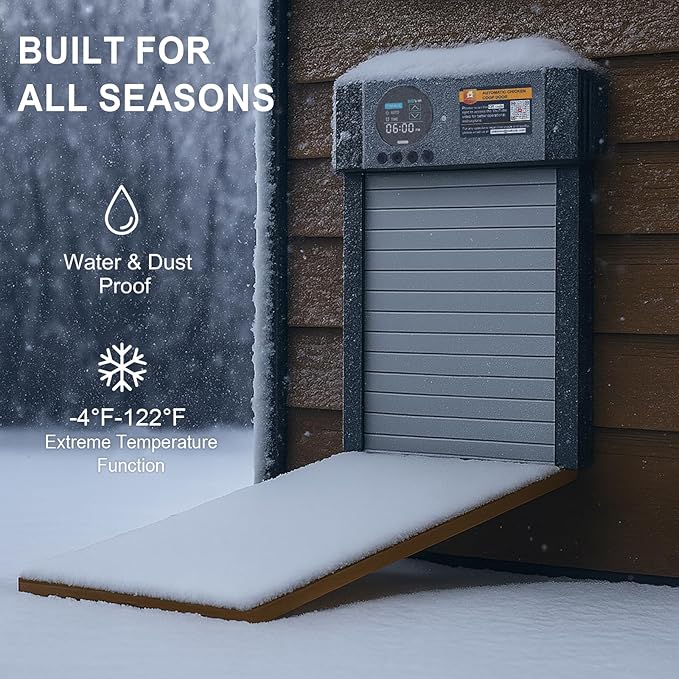 Automatic Chicken Coop Door – Solar Powered Aluminum Auto Chicken Door with Light Sensor, Timer & Manual Control, 2500 mAh Battery +USB-C Backup, Waterproof, Anti-Pinch Safety, Fits Most Poultry Coops