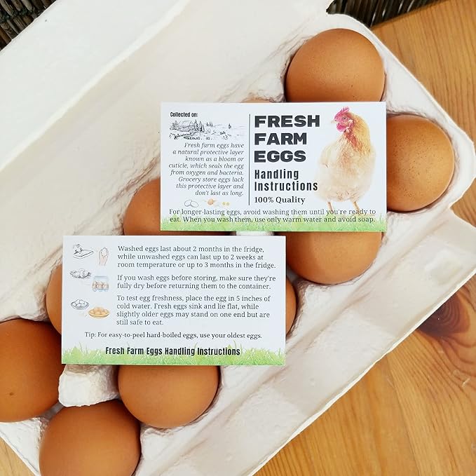 100 Pack Premium Fresh Farm Eggs Handling Instructions Care Accessories Cards Labels | Egg Blank Cartons 4 6 12 15 18 30 48 50 Count Basket Box Container Storing Extra Organizer -M11CH100