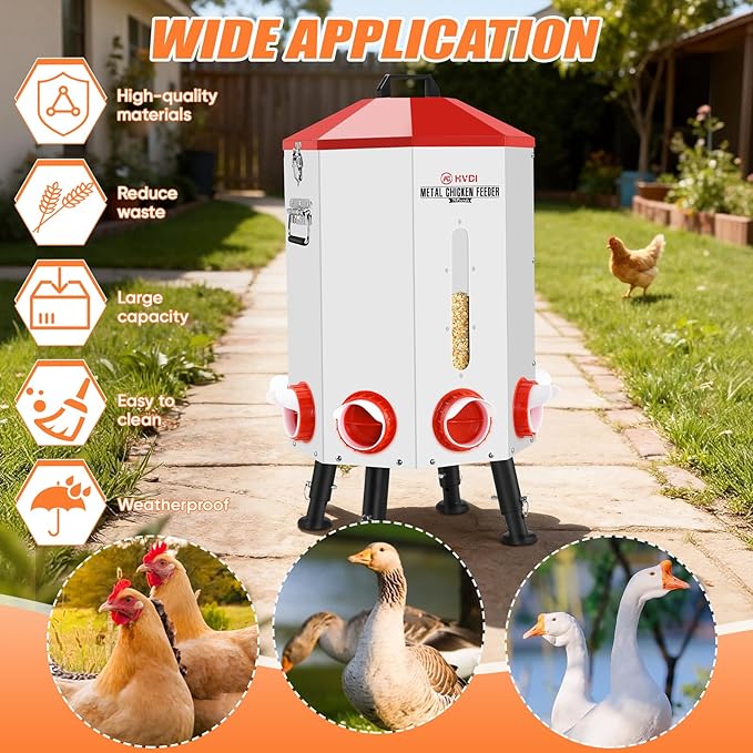 70lbs - 80lbs Large Automatic Chicken Feeder, Adjustable Stand, 8 Feeding Ports, Viewing Window, Sloped Roof Rain Protection Design