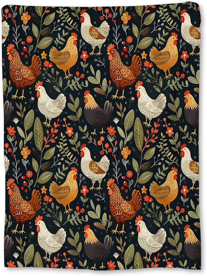 Rustic Chicken and Floral Blanket, Soft Lightweight Flannel Throw Blanket for Couch, Bed, Travel, Living Room & Home Decor, Cozy Warm Fuzzy Blankets for Adults Kids Women Girls 80×60 in