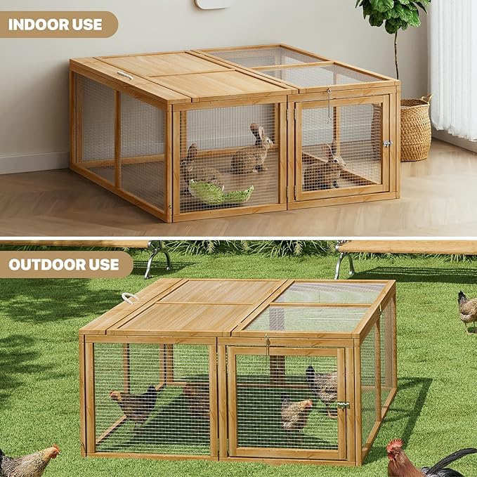 MoNiBloom Foldable Chicken Run Wood Chicken Coop Rabbit Hutch No Assembly Required Indoor/Outdoor Small Animal Nesting Box Habitat Enclosure Spacious Pet Playpen, 45.5" L x 42.5" W x 20" H, Natural