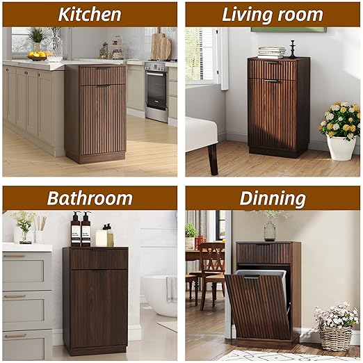 Woodgrain Tilt Out Trash Can Cabinet 13 Gallon, Hidden Kitchen Garbage Can with Drawer, Pull-Out Recycling Bin, Farmhouse Laundry Hamper Organizer (Walnut)