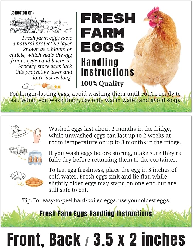 100 Pack Premium Fresh Farm Eggs Handling Instructions Care Accessories Cards Labels | Egg Blank Cartons 4 6 12 15 18 30 48 50 Count Basket Box Container Storing Extra Organizer -M11CH100