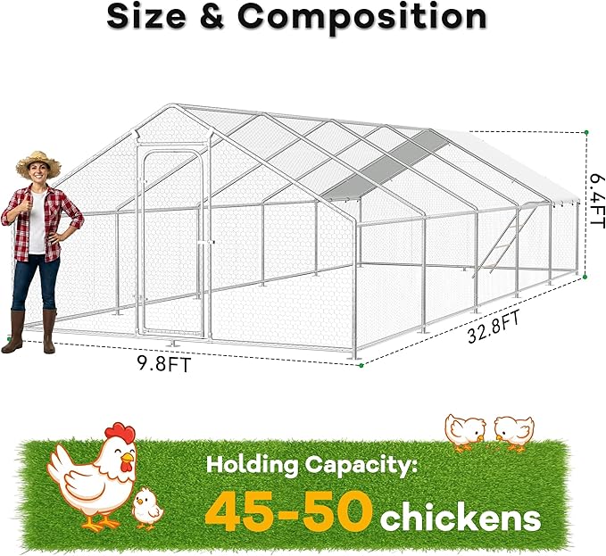 Large Metal Chicken Coop with Roosting Perch, Waterproof and UV Protection Cover, Chicken Run Outdoor Walk-in Cage Chicken Rabbit Duck Hen House, Spire Roof (10'W x 32.8'L x 6.4'H)