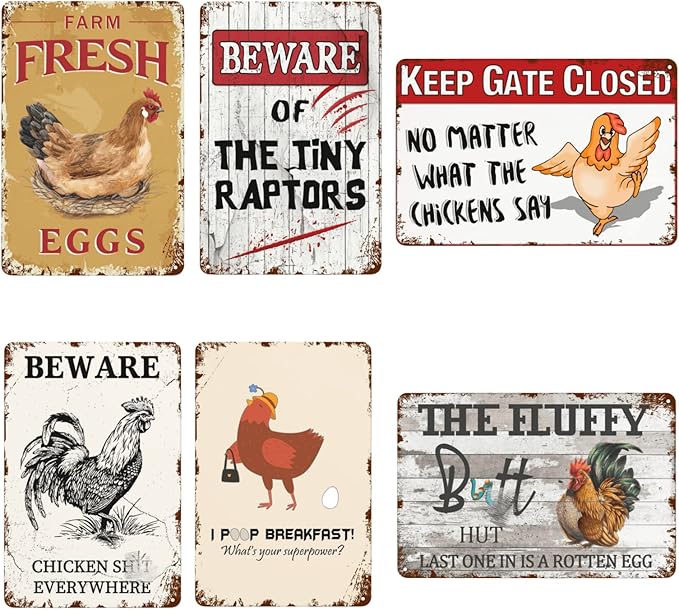 Chicken Signs for Coop - Metal Decor Bundle 6 Pieces Funny Garden Office Craft Room Living Room Wall Art Hanging for Backyard Man Cave 8x12inch