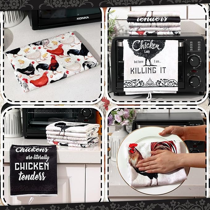 6 Pcs Retro Rooster Kitchen Towels Chicken Dish Towels Christian Farmhouse Vintage Hand Cloths Rustic Chicken Mom Gifts for Christmas Bathroom Decor Housewarming Gifts