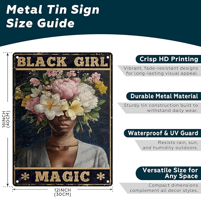HARIKUIYIN Rutro Metal Tin Sign African American Novelty Plaque Poster Black Girl Magic Metal Poster Office Rustic Home Kitchen Bathroom Cafe Aluminium Sign Wall Decor 16x12 Inch