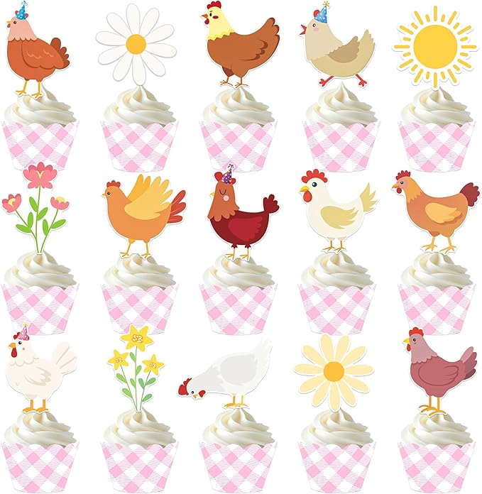 Chicken and Daisy Cupcake Toppers and Wrappers Floral Chicken Birthday Decoration 48Pcs Pink Gingham Cupcake Liners barnyard Hen Themed Cake Decor for Farm Animals Bday Baby Shower Supplies