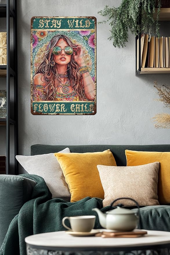 HARIKUIYIN Rustic Retro Metal Tin Sign Stay Wild Flower Child Girl Flowers Wall Art Metal Poster Home Wall Decoration Bar Office Kitchen Home Bedroom Courtyard Decoration Sign 16x12 Inch