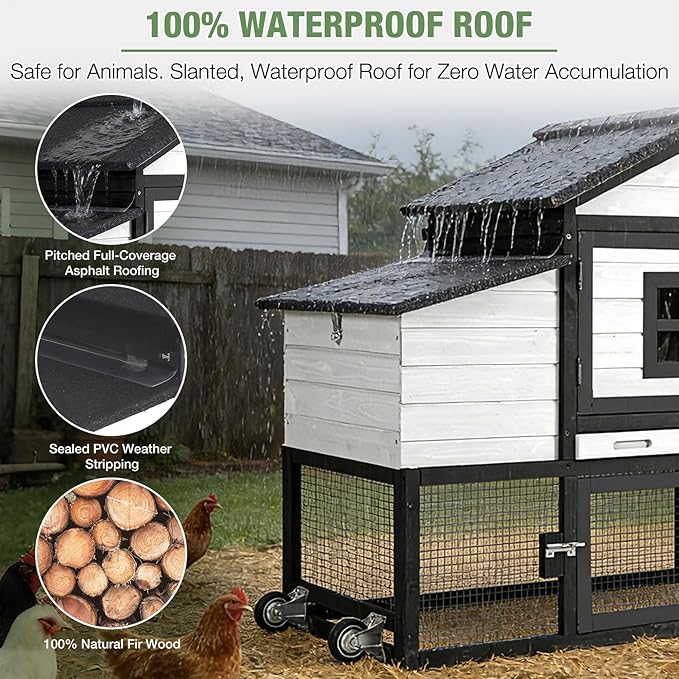 Chicken Coop with Run Large Hen House on Wheels Chicken House Poultry Cage with Nesting Box, Leakproof Pull-Out Tray, Waterproof Roof for 3-5 Chickens (Black, 72.3" L x 26" W x 39.4" H)