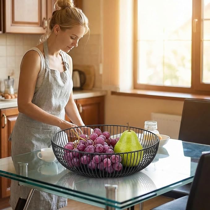 Yesland 2 Pack Metal Wire Fruit Basket- 11 Inches Black Kitchen Countertop Fruit Bowl Vegetable Holder for Bread, Snacks, Households Items Storage for Kitchen, Livingroom