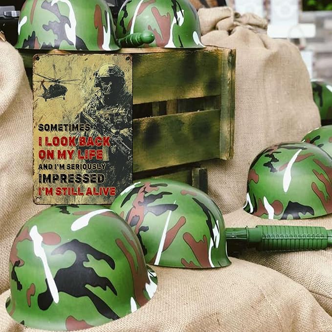 PEACHGARDEN Veteran Soldier Army Retro Metal Tin Sign Sometimes I Look Back On My Life and I'm Seriously Wall Decor Metal Poster Wall Art Poster Anniversary Decor 8x12inch
