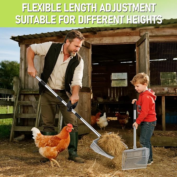 15-inch Metal Extra Large Chicken Poop Scooper, Heavy Duty Chicken Coop Scoop with 36" to 61" Adjustable Stainless Steel Long Handle, Litter Sifting Shovel for Chicken Coop Cleaning