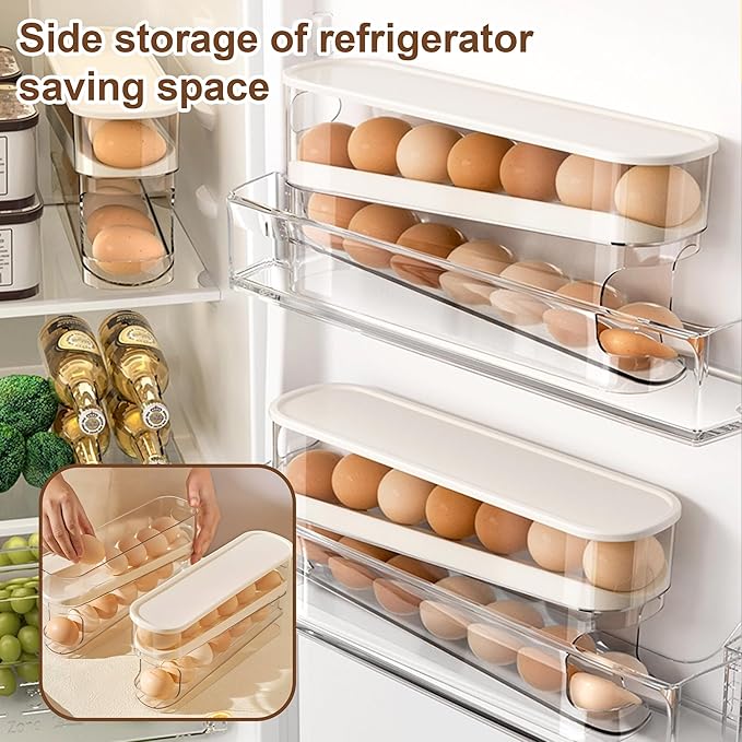 Egg Holder for Fridge, 2025 New Egg Organizer for Refrigerator Automatic Scrolling Eggs Rack Holder Rolling Dispenser, Stackable Fridge Container and Storage with Lid (2 Pcs)