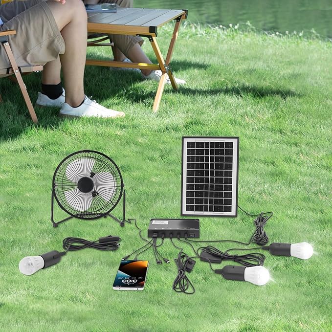 Solar Powered Fan with 3 Bulbs, Solar Powered Fan for Chicken Coop, Sheds, Pet Houses and Window Sill Ventilation, 5-in-1 Cables Included, Supports charging of mobile phones and digital cameras