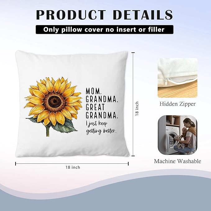 Mom Grandma Great Grandma Gifts Pillow Covers 18x18, Best Great Grandmother Gifts for Mother's Day, GG Baby Announcement Floral Throw Pillow Covers for Home Bedroom Living Room
