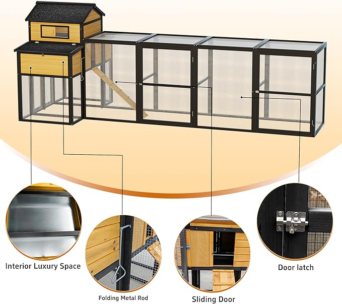 Large Wooden Chicken Coop Outdoor Hen House with Nesting Box，Walk-in Poultry Cage with Secure Locks, Metal Mesh Run for Backyard Farm Use (Black 150")