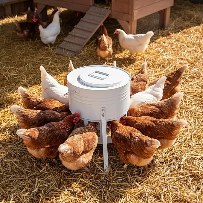 KOL Metal Chicken Feeder - 20lbs No Waste Chicken Feeder with 12 Ports, Powder Coated Rust-Proof Design & Smooth Edges for Safe Feeding (Jade White)