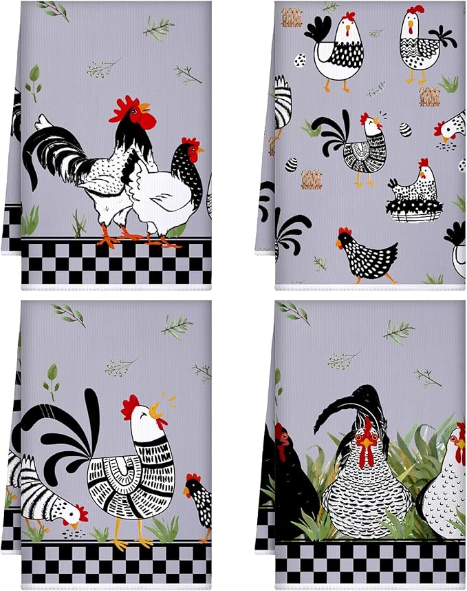 Geyoga 4 Pcs Chicken Kitchen Towels Rooster Dish Hand Towels Farm Animal Cow Vintage Rustic Tea Cloth for Spring Easter Bathroom Farmhouse Decor Gifts, 16 x 24 Inch(Fresh Color,Rooster)